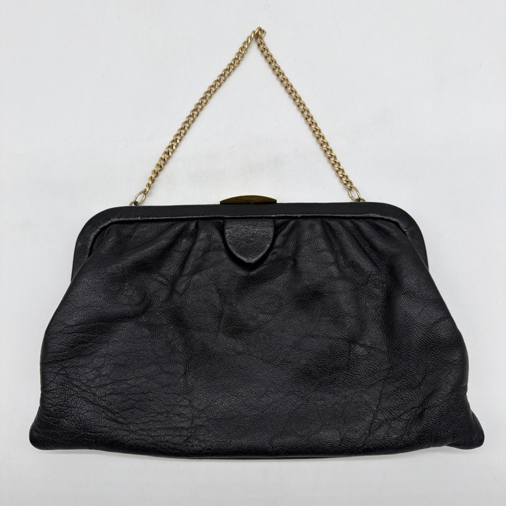 Vintage Ingber Black Leather Clutch Gold Chain Strap Kiss Lock Frame Evening Bag